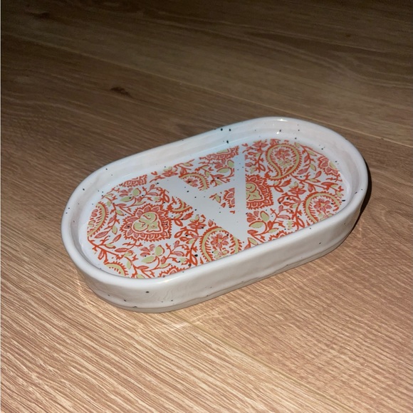 Anthropologie Orange Paisley Jewelry Tray Dish Alphabet Letter A Ceramic Speckle - Picture 2 of 3